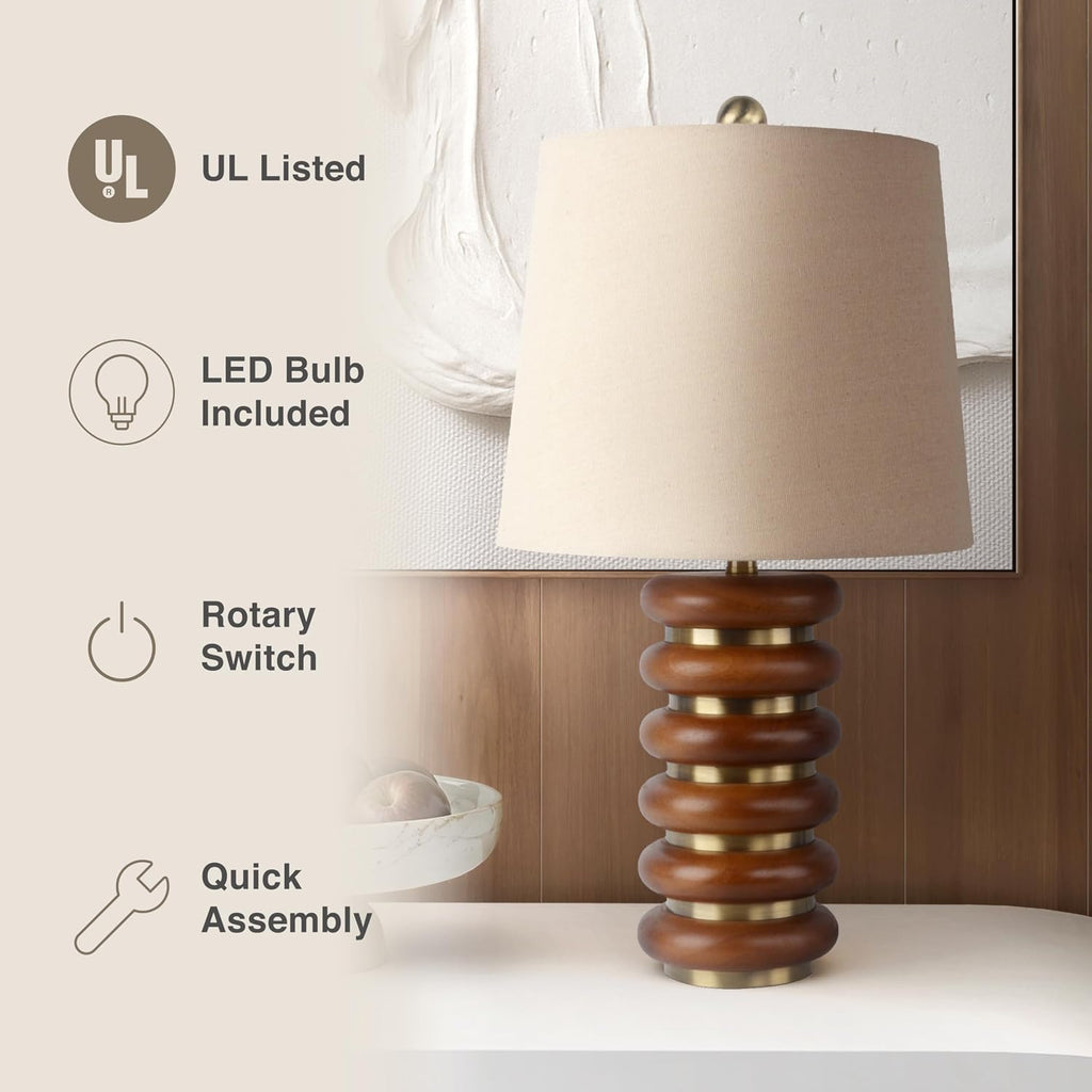 Abani Table Lamp Thalia Stacked Ring 21.5' – Mid-Century Modern Brown Wood Base with Wheat Linen Shade – E26 Bulb Included – Stylish Desk Lamp for Bedroom, Living Room, Dorm or Nightstand