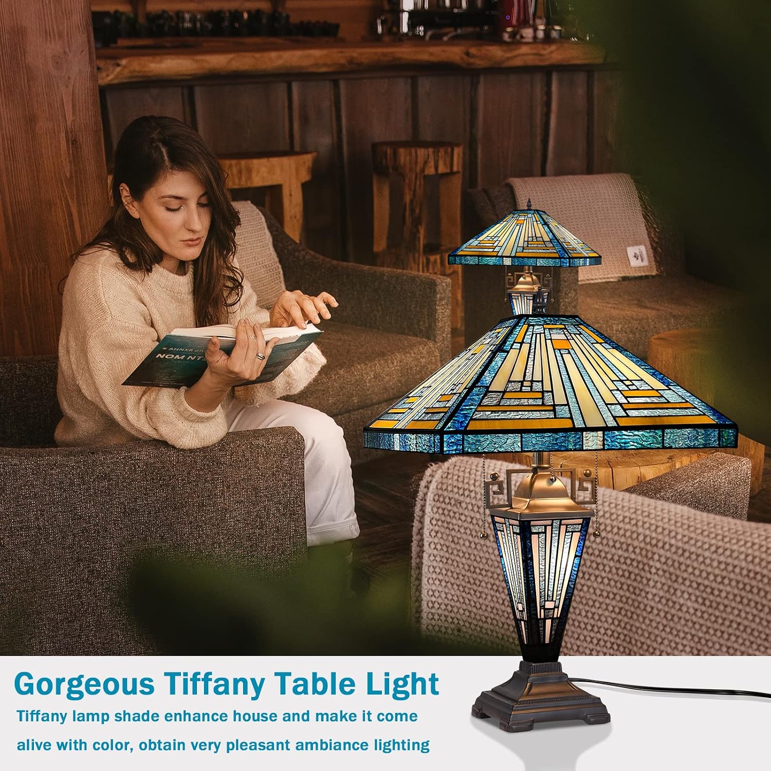 Capulina Tiffany Lamp Stained Glass Table Lamp with Night Light 3-Light 16x16x24 Inches Mother-Daughter Vase Mission Blue Amber Desk Lamp for Home Office Living Room Bedroom