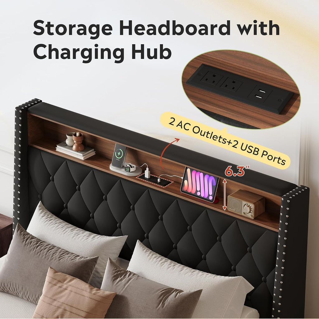 WLIVE Queen Size Upholstered Bed Frame with 48'' Tall Wingback Headboard, Velvet Square Tufted Platform Beds with Charging Station, Sturdy Metal & Wooden Slats Support, Black