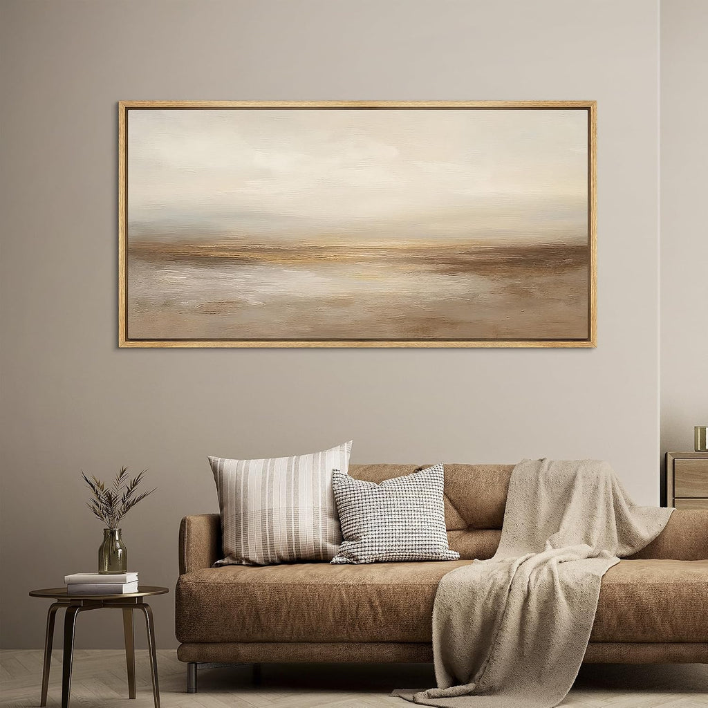 MUDECOR Extra Larg Framed Canvas Print Wall Art Neutral Beige Horizon Abstract Modern Minimalist Landscape Illustrations Decorative Colorful for Bedroom - 60'x30'