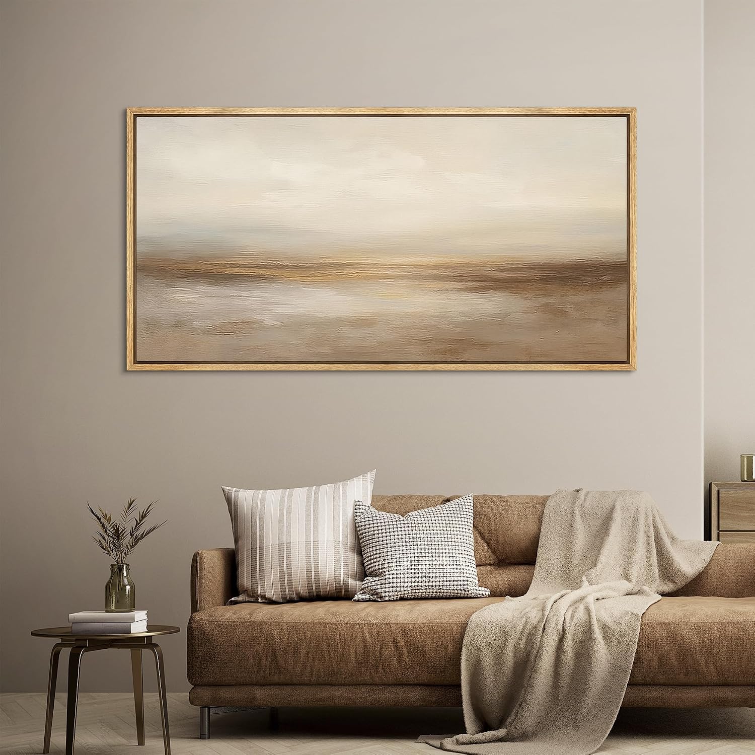 MUDECOR Extra Larg Framed Canvas Print Wall Art Neutral Beige Horizon Abstract Modern Minimalist Landscape Illustrations Decorative Colorful for Bedroom - 60'x30'