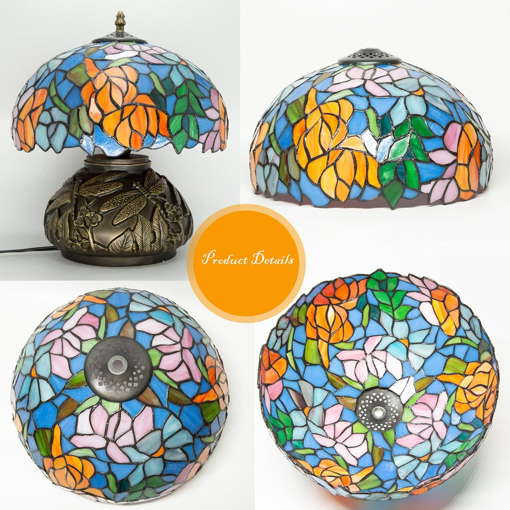 Tiffany Table Lamp,12 Inch Stained Glass Table Lamp,Mushroom Style Vintage Desk Lights Included E26 LED with Remote Control for Bedside,Bedroom,Living Room(Leaf Wisteria)