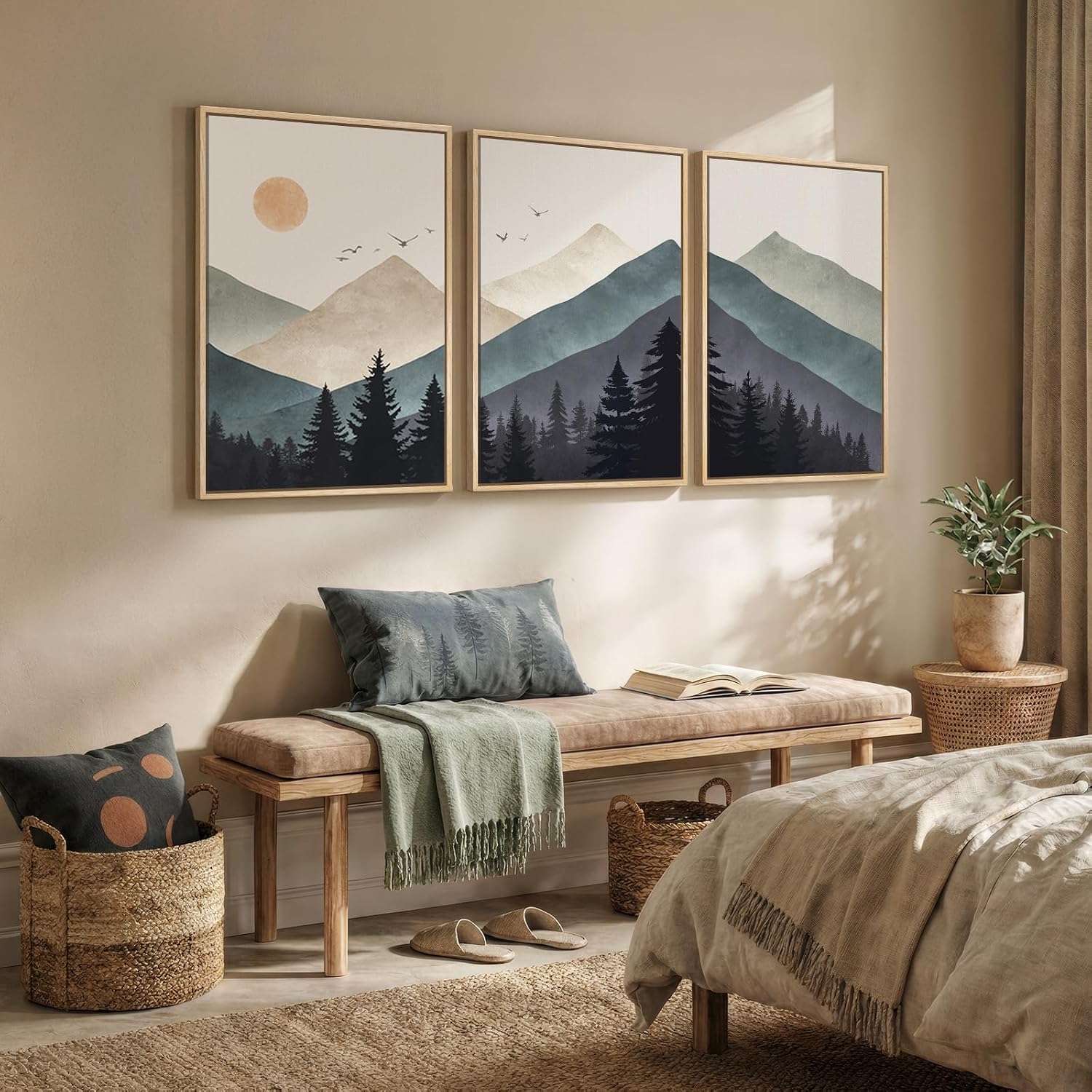 Framed Boho Abstract Neutral Landscape Wall Art for Living Room, Large 3 Piece Mountain Forest Canvas Artwork for Walls, Modern Minimalist Nature Pictures Bedroom Hallway Office Wall Decor, 20x30 Inch
