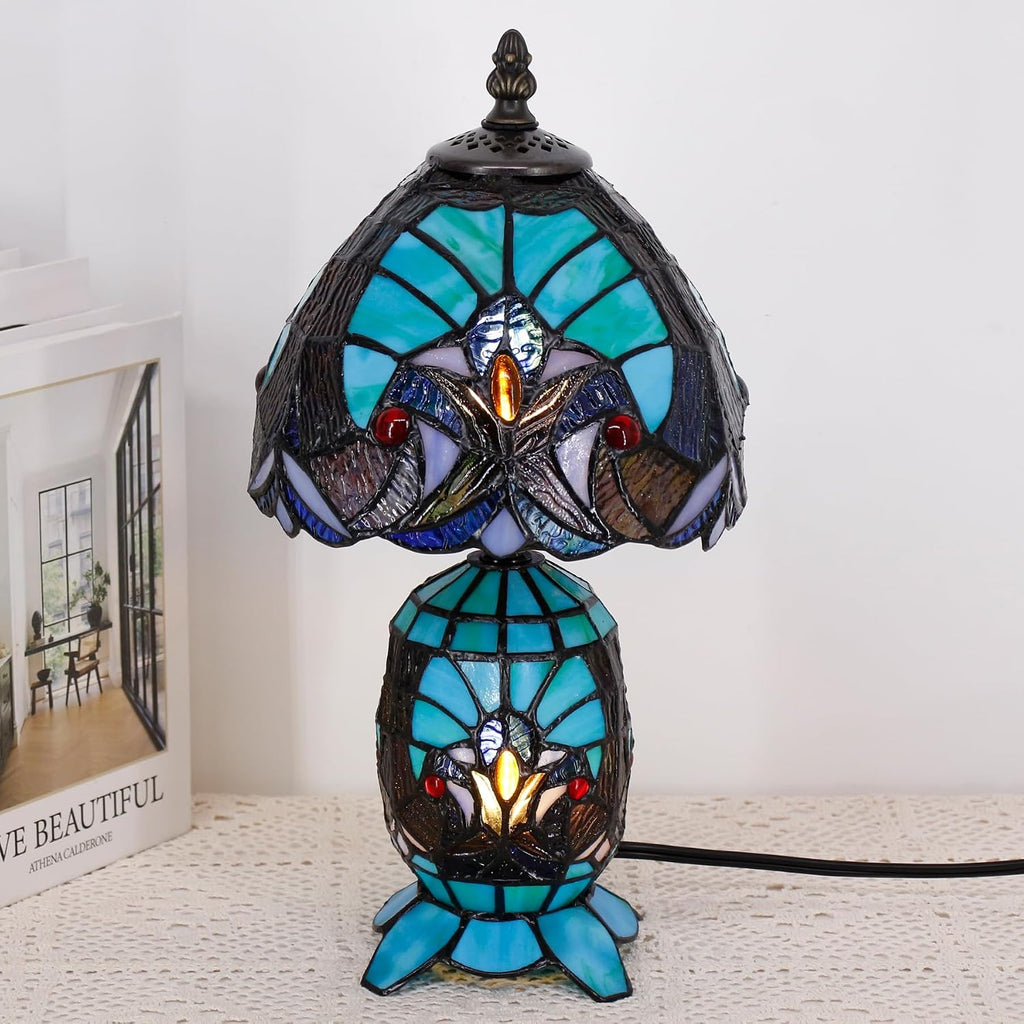 Small Tiffany Lamp Stained Glass Table Lamp Mini Mother Daughter Vase Desk Accent Light for Bedroom Bedside Reading Home Antique Style Decor 8X14 Inches (Green)