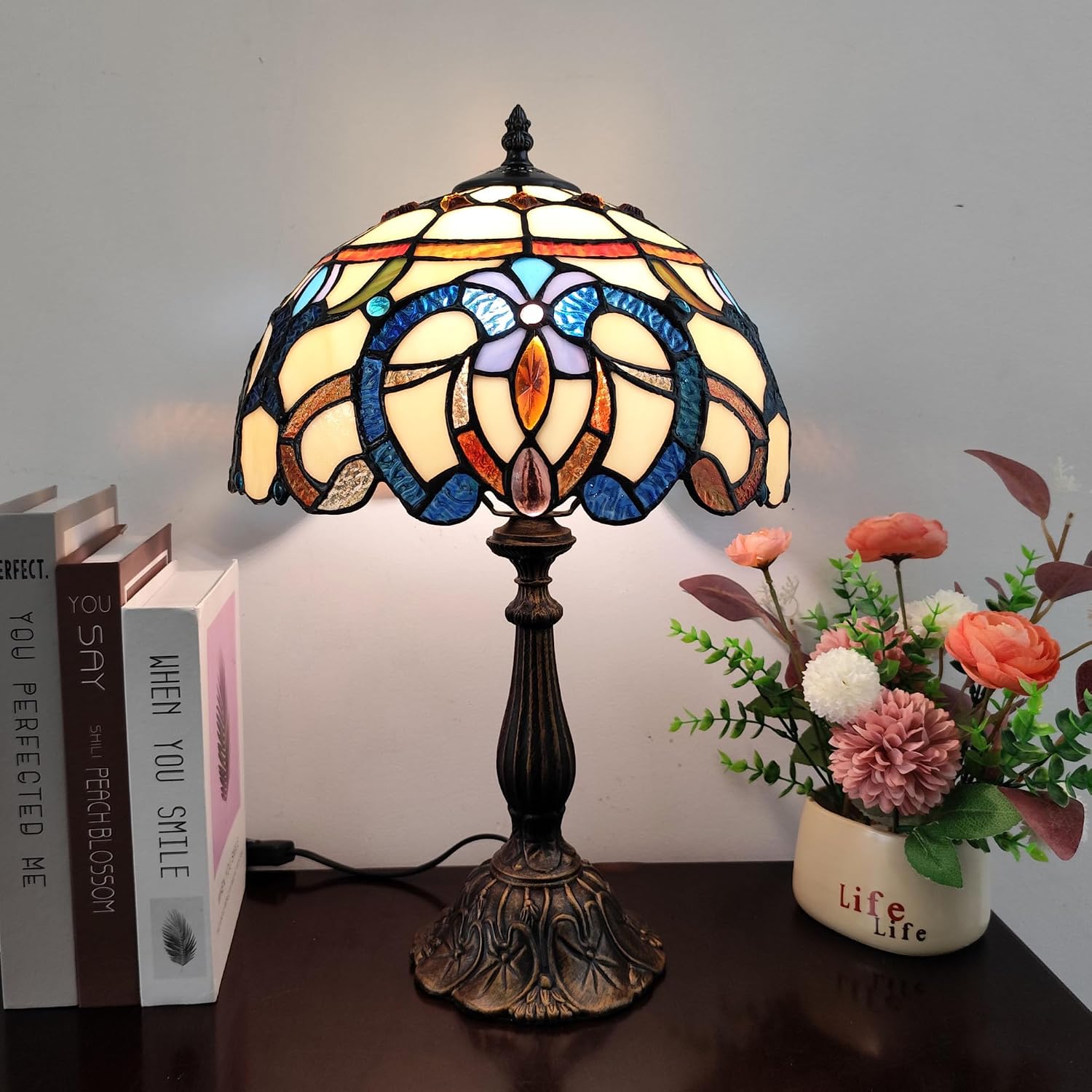 Tiffany Style Table Lamp Yellow Baroque Style Stained Glass Lamp, 12 Inch Antique Bedside Nightstand Light Home Decor for Bedroom Living Room, Included LED Bulb