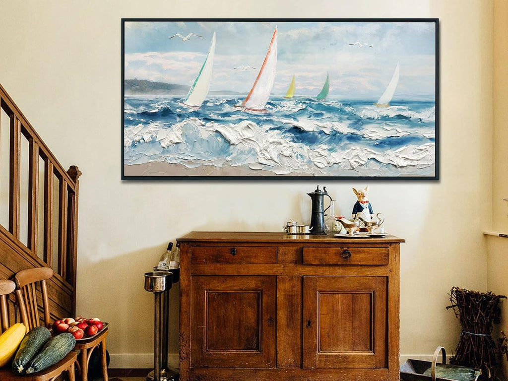 Enartly Extra 3D Textured Waves Sailboat Framed Wall Art, Ocean Coastal Beach Canvas Painting Nautical Artwork for Living Room Bedroom Dining Room Home Office Wall Decor, 58'x29'