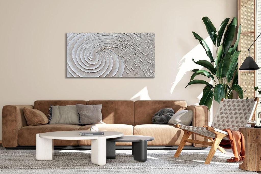 Slyart Thick Texture White Wall Art, Hand Painted 3D Ocean Wave Circle Oil Painting, 24'x48' Large White Canvas Abstract Wall Art