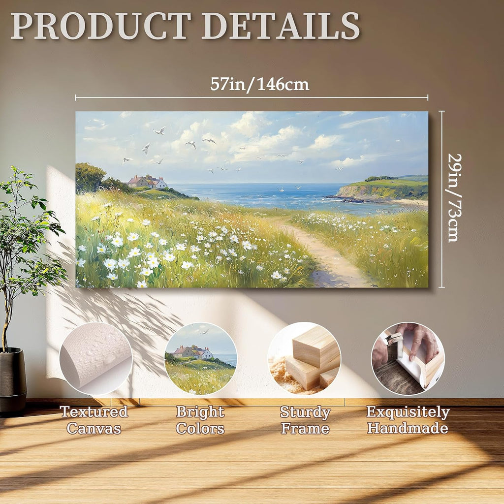 SERIMINO Seaside Nature Large Wall Art, Coastal Landscape Big Canvas Prints, Meadow Wildflowers Pictures Wall Decor, Sunny Scenery Home Decorations for Living Room Bedroom Farmhouse Cottage 29'X57'