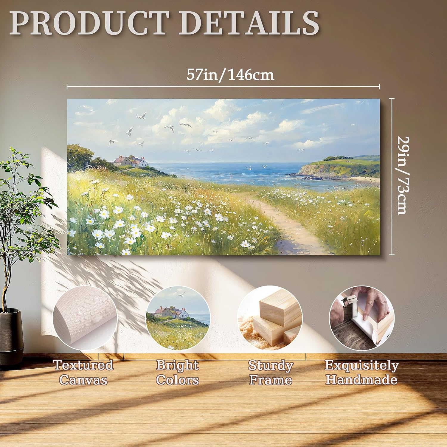 SERIMINO Seaside Nature Large Wall Art, Coastal Landscape Big Canvas Prints, Meadow Wildflowers Pictures Wall Decor, Sunny Scenery Home Decorations for Living Room Bedroom Farmhouse Cottage 29'X57'