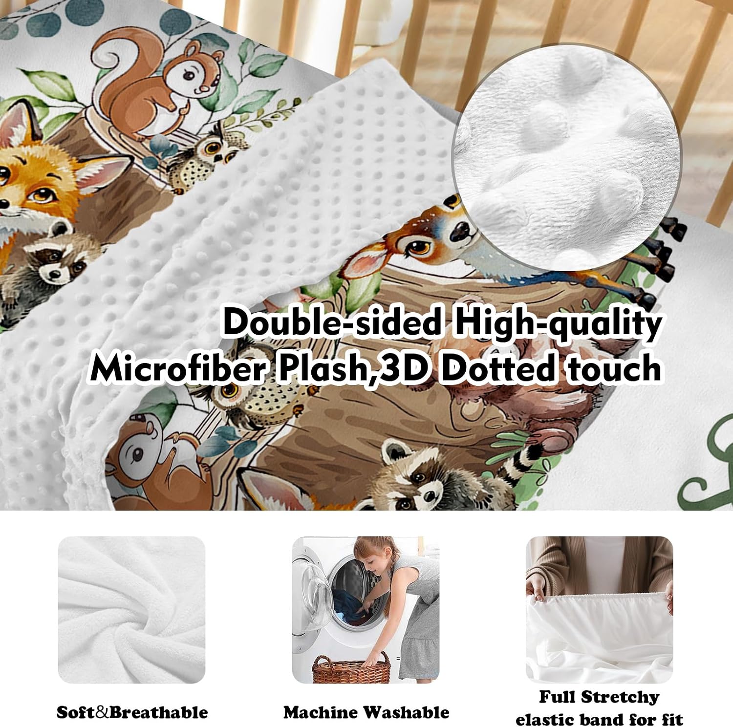 TOOTANN Custom Baby Crib Bedding Set, 5 Pcs Personalized Name Baby Crib Sheets for Kid Toddler Infant, Forest Animals and Tree Stumps Nursery Bedding Set