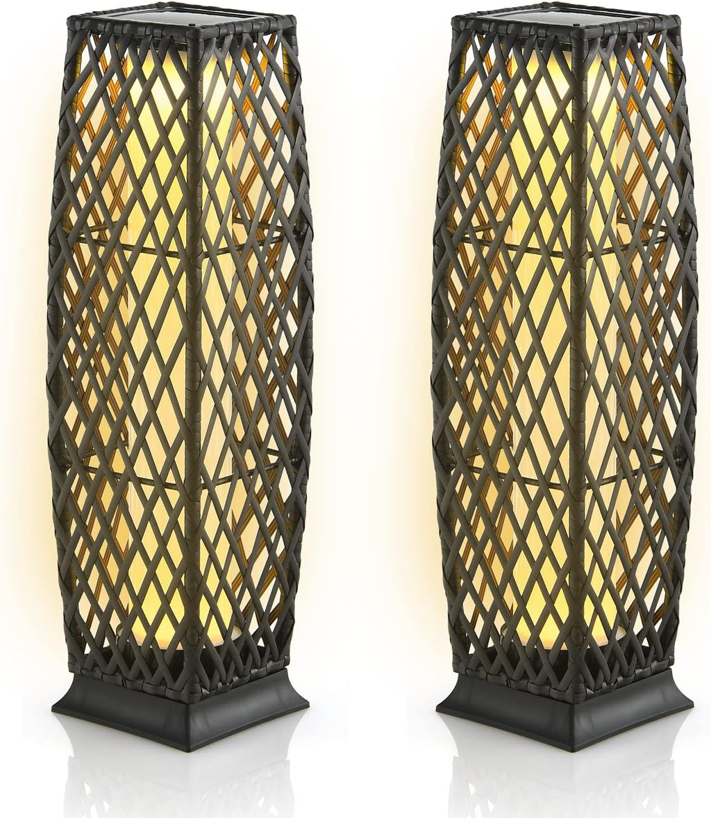 Tangkula 2 Pieces Outdoor Solar Powered Floor Lamps, IP65 Waterproof Wicker Floor Lamps with Auto On/Off LED Light, Outdoor Decor Lanterns for Garden Porch Pool Pathway Driveway (Diamond-Mix Brown)