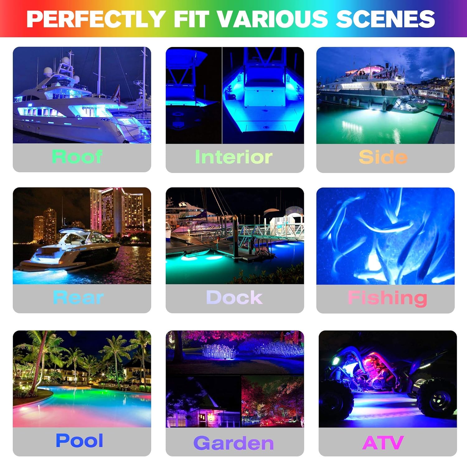 HUSUKU GT1 Underwater Boat LED Lights Marine Color Light Kit, 6.7' 2000LM RGB IP68 36LED 12V~24V 316 316 Stainless, Wireless Grouping & Control Auto Sync, Multi Color Light for Yacht Boat Deck Pontoon