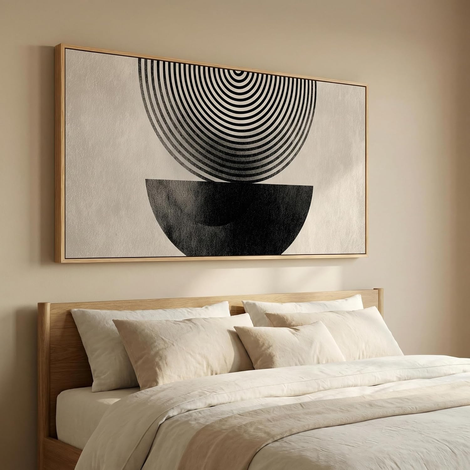 Abstract Geometric Wall Art, Black and White Concentric Circles Design, Modern Minimalist Neutral Framed Canvas Print Artwork Home Decor for Bedroom Living room 30 x 58 inch