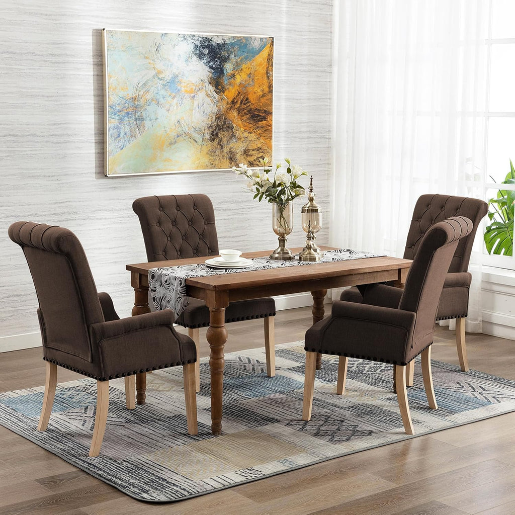 LOULENS Fabric Dining Chairs, Modern Upholstered Tufted Dining Room Chairs with Arms and Solid Wood Legs for Home, Kitchen Living Room, Brown