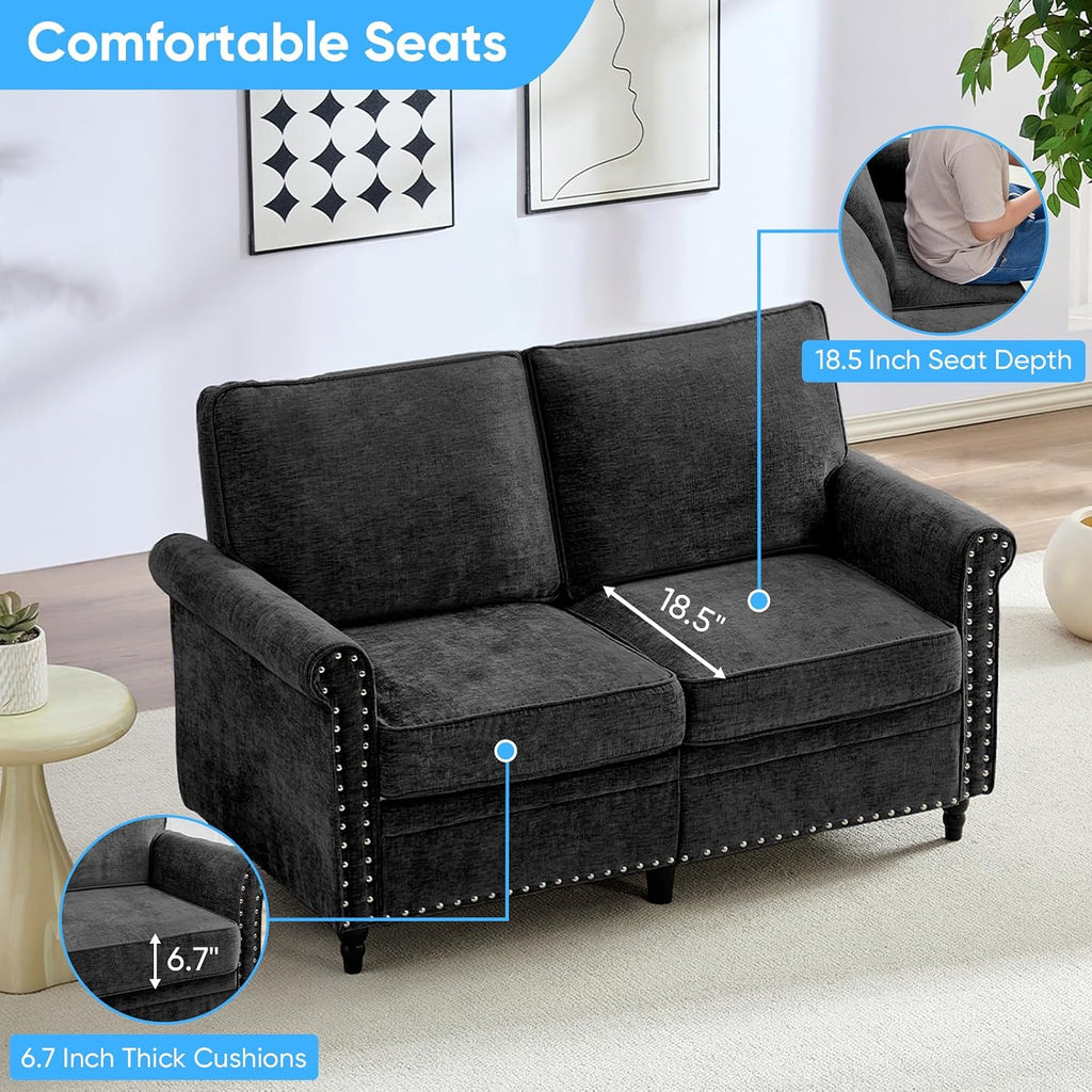 Mjkone 54' Chenille Sofa Couch, Living Room Loveseat Sofa with Wood Frame, Gourd Shape Wood Legs, 6.7' Thickened Soft Cushion, Rivet Design, Mid Century Modern Couch for Small Spaces, Apartment, Black