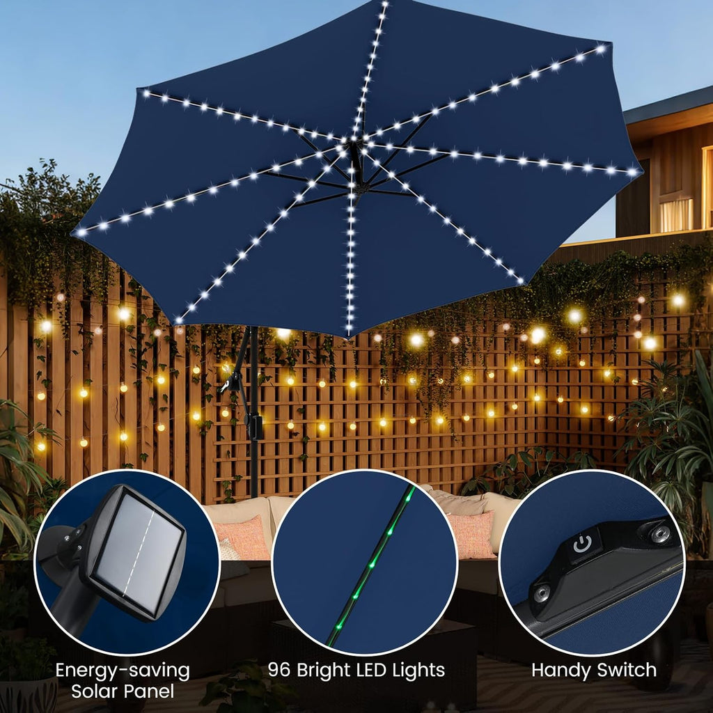Tangkula 10 FT Solar Patio Umbrella with Base Included, Cantilever Offset Hanging Outdoor Umbrella with 96 Multi-Colored Flowing LED Lights, 9 Modes, Tilt Adjustment, 360° Rotation, Crank for Pool Yard Deck Lawn (Navy)