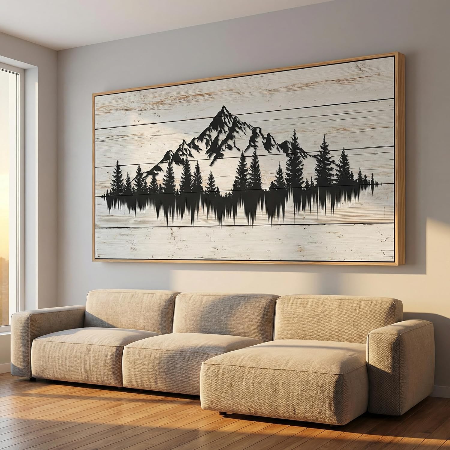 Tucai Decor Rustic Wood Grain Mountain Forest Wall Art for Living Room Bedroom Modern Framed Canvas Print Landscape Decor 24x48 Inch Serene Nature Home Art
