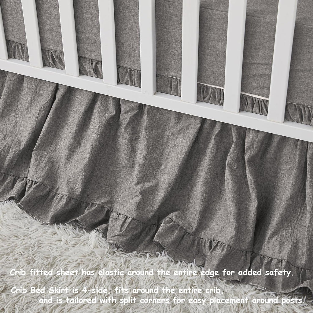 Brandream Ruffle Crib Bedding Set for Baby Boys 100% Cotton Gender Neutral Boho Bohemian Farmhouse Chic 6-Piece Nursery Bedding Set Grey
