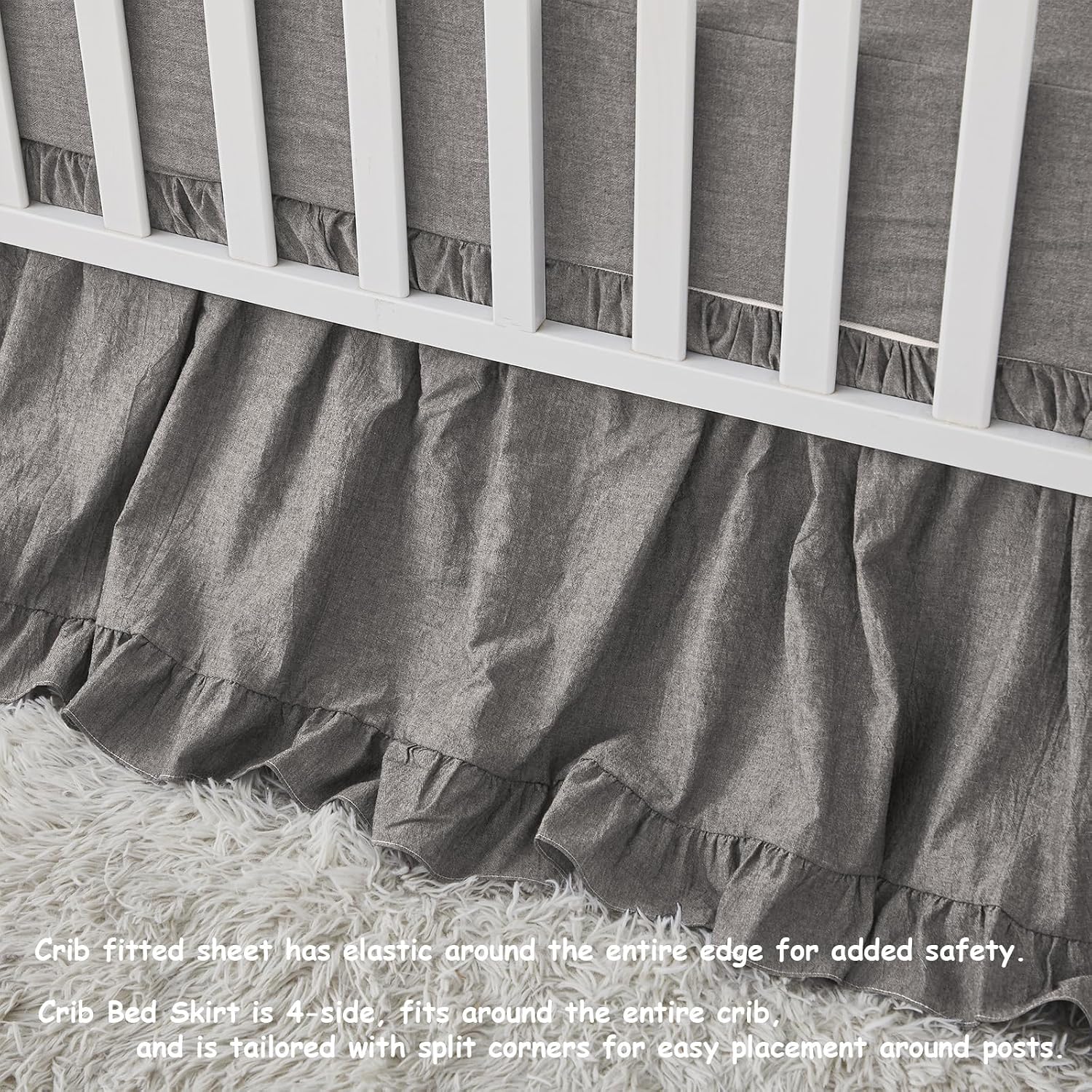 Brandream Ruffle Crib Bedding Set for Baby Boys 100% Cotton Gender Neutral Boho Bohemian Farmhouse Chic 6-Piece Nursery Bedding Set Grey