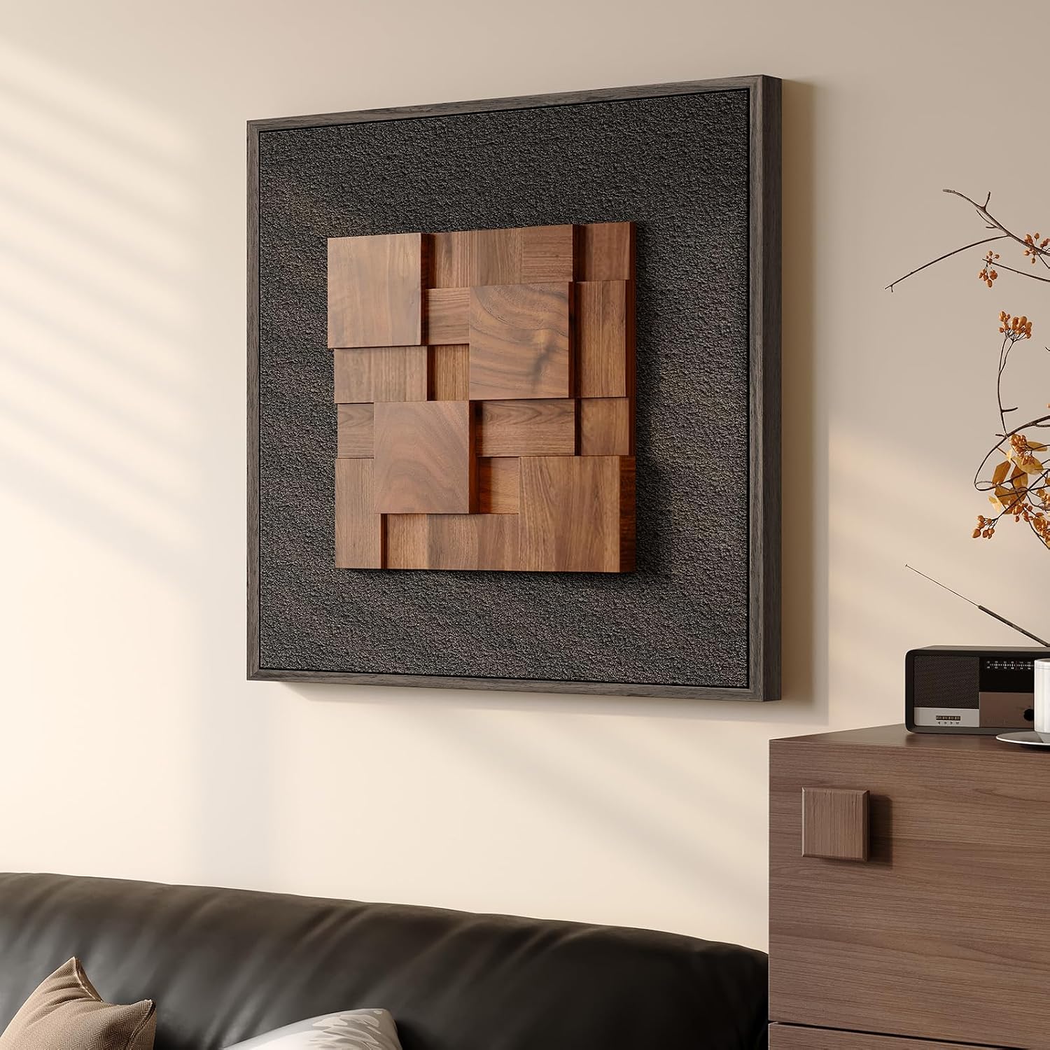 Framed 3D Textured Wood Wall Art, Modern Minimalist Black Painting Artwork for Walls, Vintage Geometric Natural Wooden Wall Art Decor for Living Room, Hallway, Dining Room, Bedroom, Office, 24x24