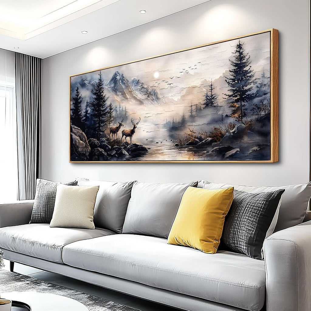 ERQINHUA Modern Abstraction Ink Painting Elk Forest landscape Large Canvas Wooden Frame Wall Art For Bedroom Wall Decor For Living Room Restaurant Office Printed Art Home Decor Ready To Hang32 X72