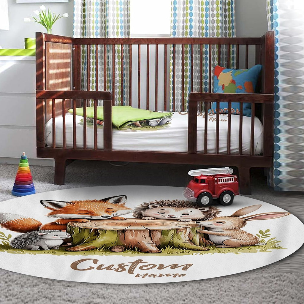 Personalized Crib Bedding Set for Baby Boys Girls, Custom Name Baby Crib Sets 5-Pcs - Toddler Double Layer Blanket Fitted Sheet Changing Pad Cover Rug Wall Art Set, Squirrel Stump Theme Nursery Décor