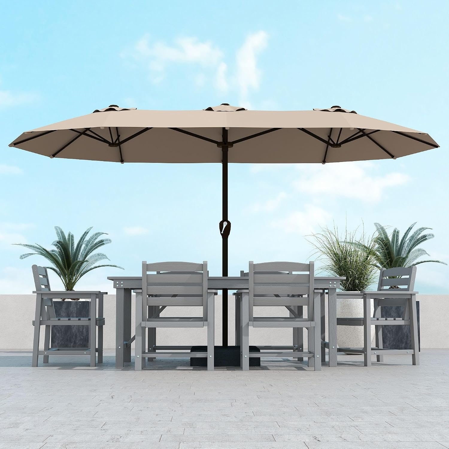 Kingdura 15ft Large Patio Umbrella with Base Included, Double-Sided Rectangle Outdoor Table Umbrella with 12 Reinforced Ribs, Crank Lift for Market Pool Deck Backyard, Beige