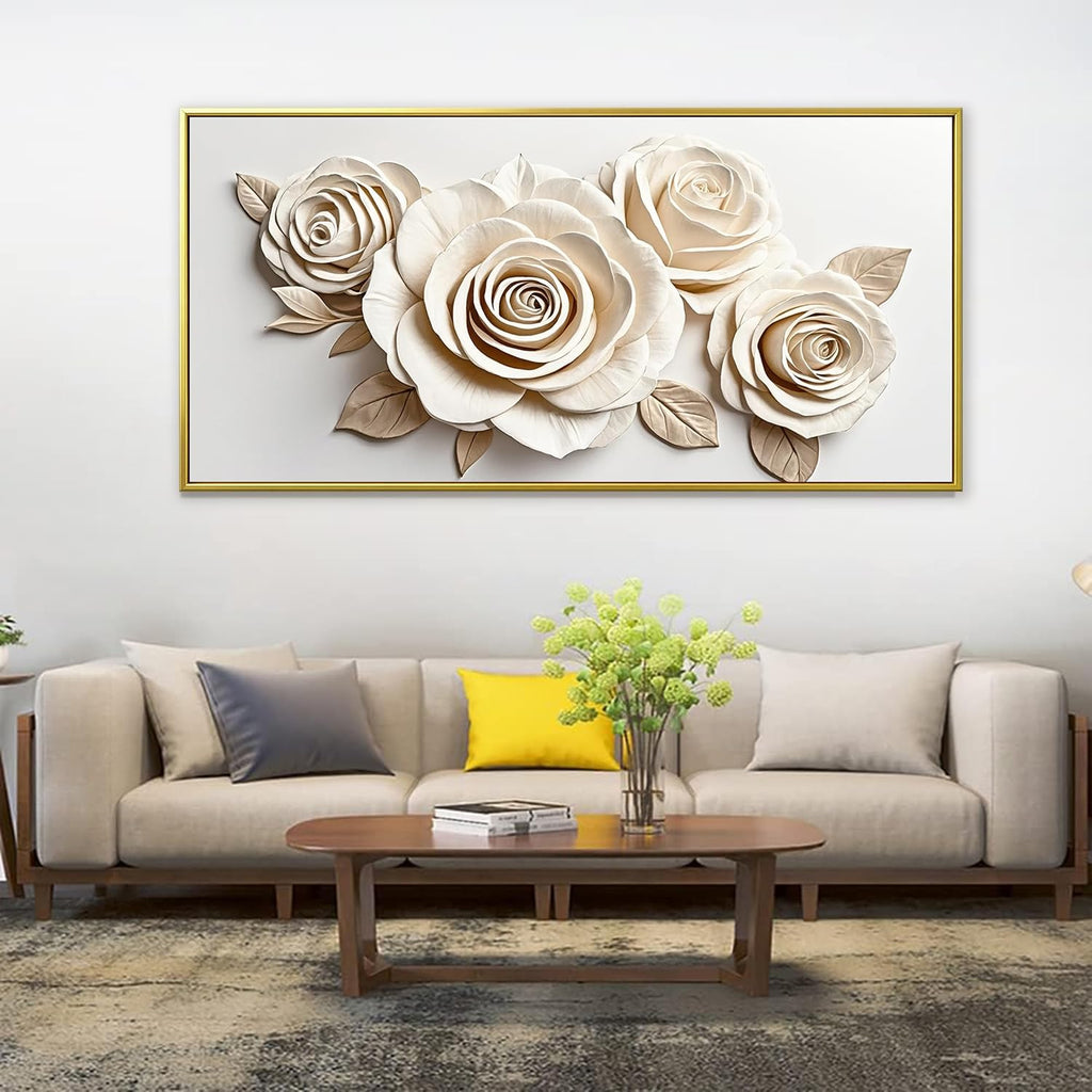 Gold Framed Wall Art Living Room Home Wall Decor Modern Canvas Art Wall Decor 29x58 Inches Large White Flower Wall Art Elegant Picture For Bedroom Hotel Office Artwork