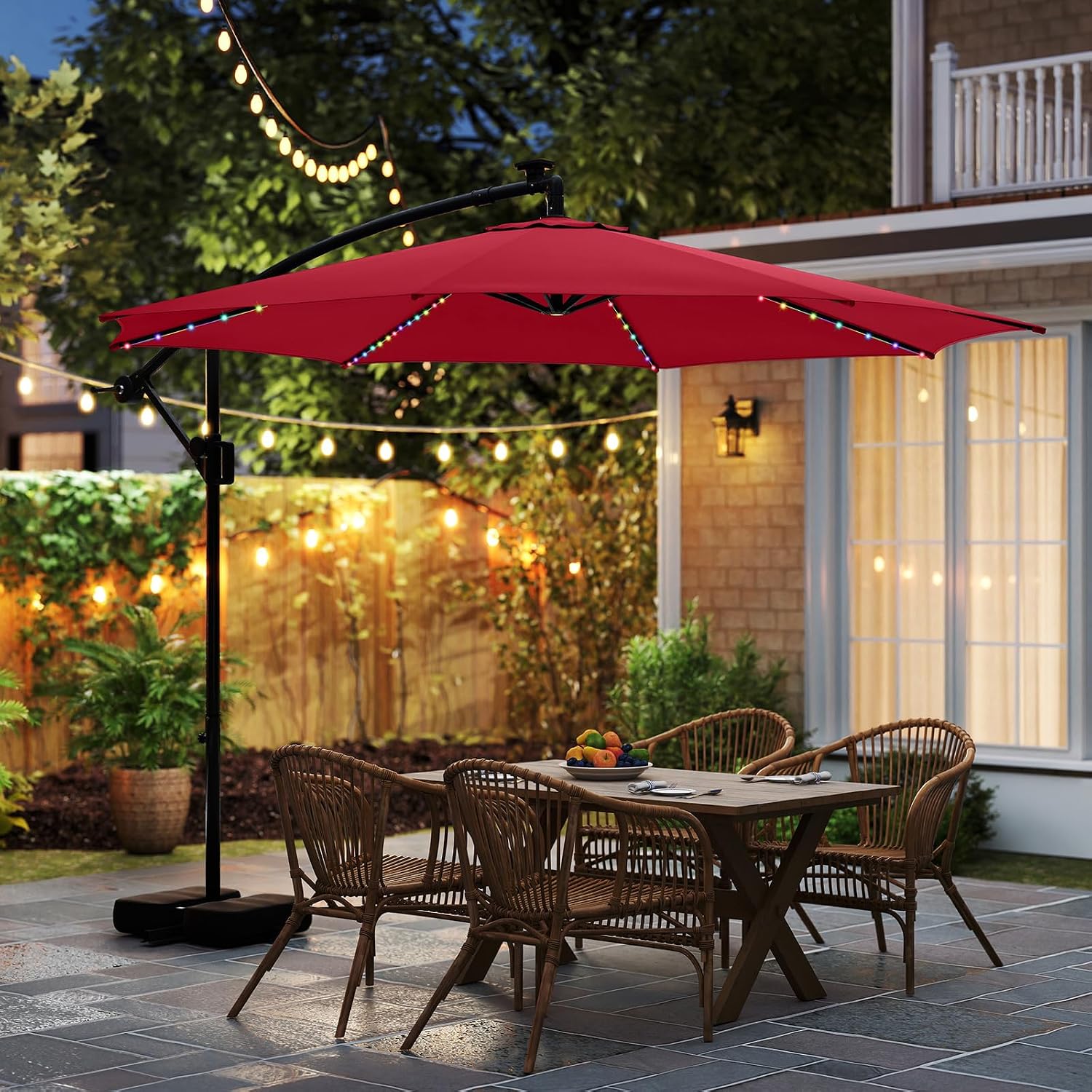 Tangkula 10 FT Solar Patio Umbrella with Base Included, Cantilever Offset Hanging Outdoor Umbrella with 96 Multi-Colored Flowing LED Lights, 9 Modes, Tilt Adjustment, 360° Rotation, Crank for Pool Yard Deck Lawn (Red)