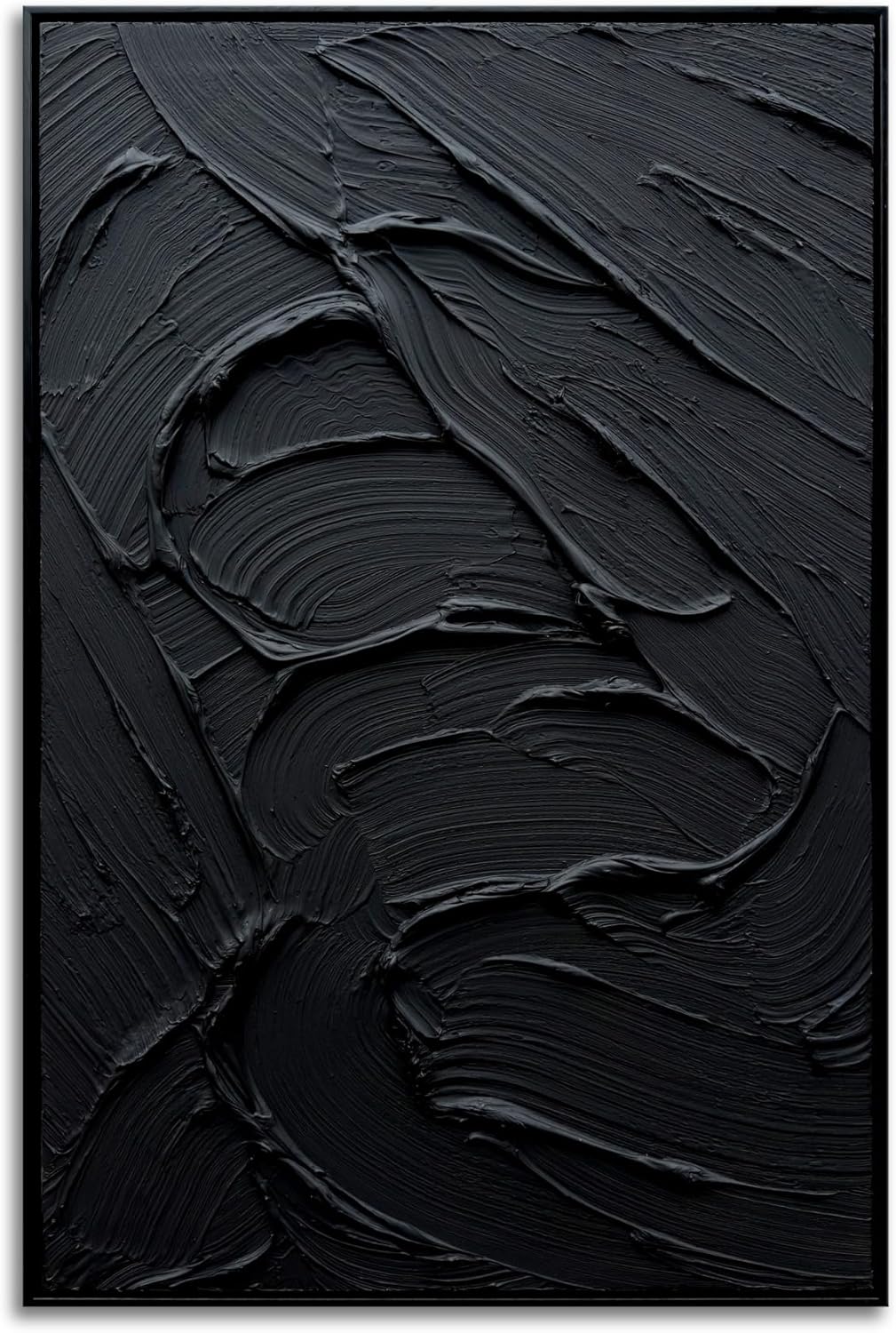 Slyart Framed Black Textured Wall Art, Hand Painted Contemporary Abstract Oil Painting, Framed Thick Texture Vertical Canvas Wall Art 24x36 Inch