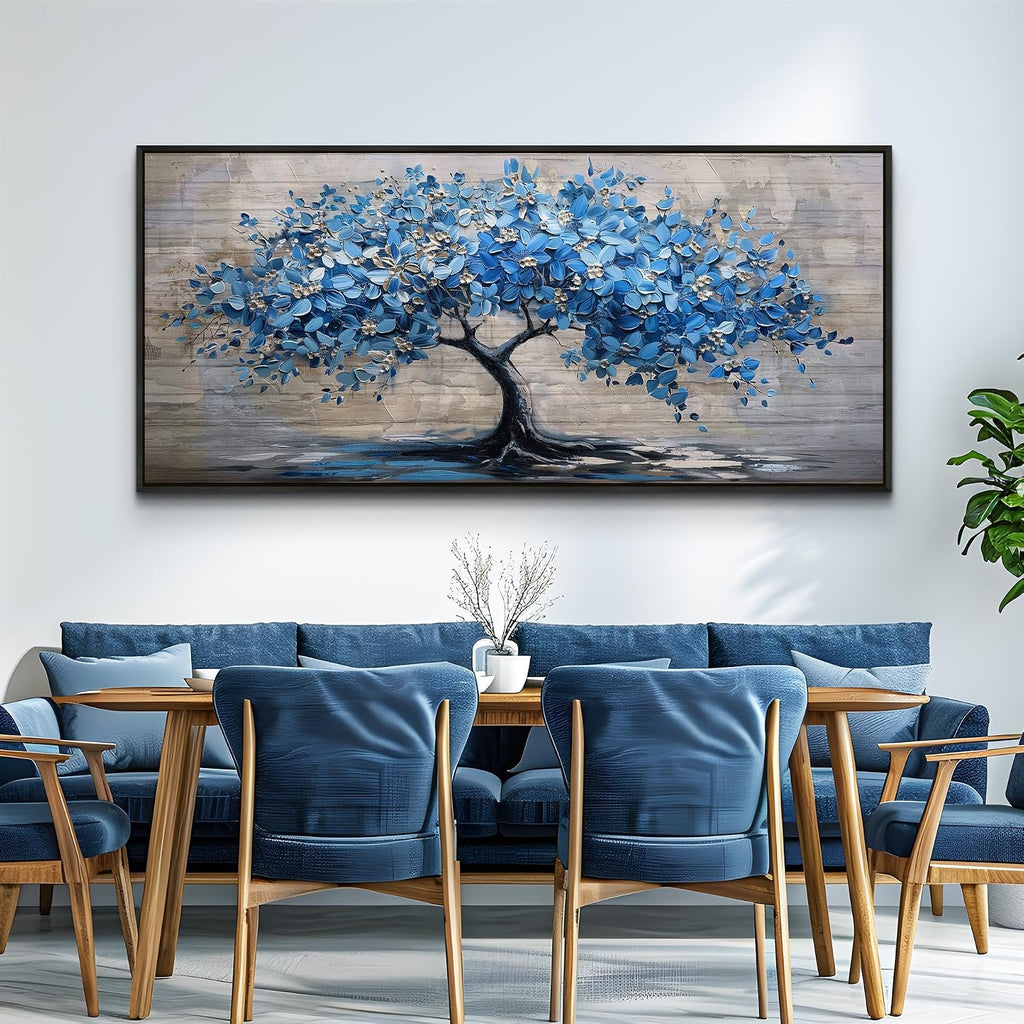 ERQINHUA Large Canvas Blue Tree Printed Painting Wall Decor For Living Room Office Wall Art For Bedroom Abstract Farmhouse Restaurant Mural Artwork Picture Home Decoration Black Framed 32x72 In