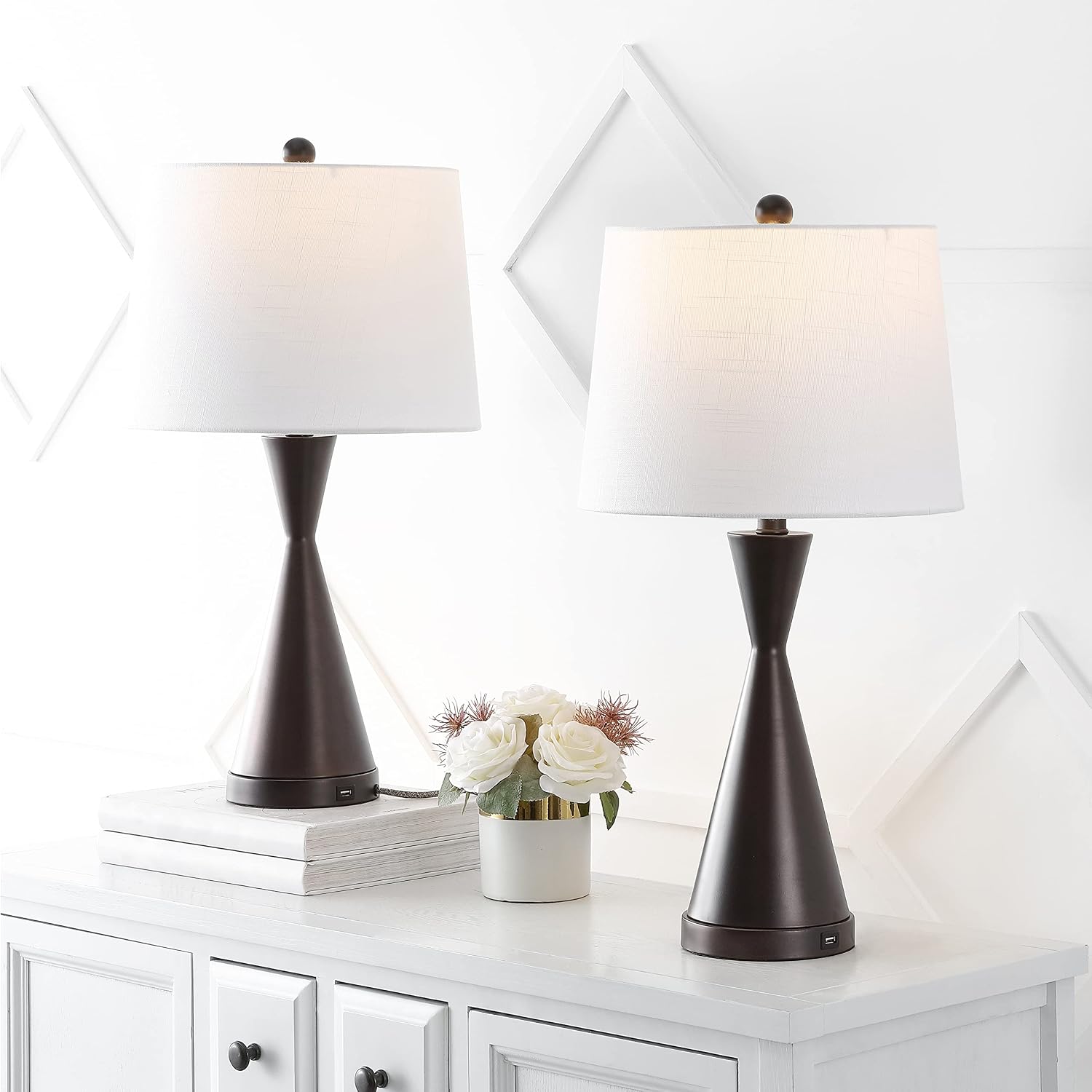 JONATHAN Y 26' Oil Rubbed Bronze Classic Iron LED Table Lamp with USB Port, Set of 2 for Bedroom, White Linen Shade, Farmhouse Midcentury Modern Bedside Nightstand Lamps, LED Bulbs (JYL4046C-SET2)