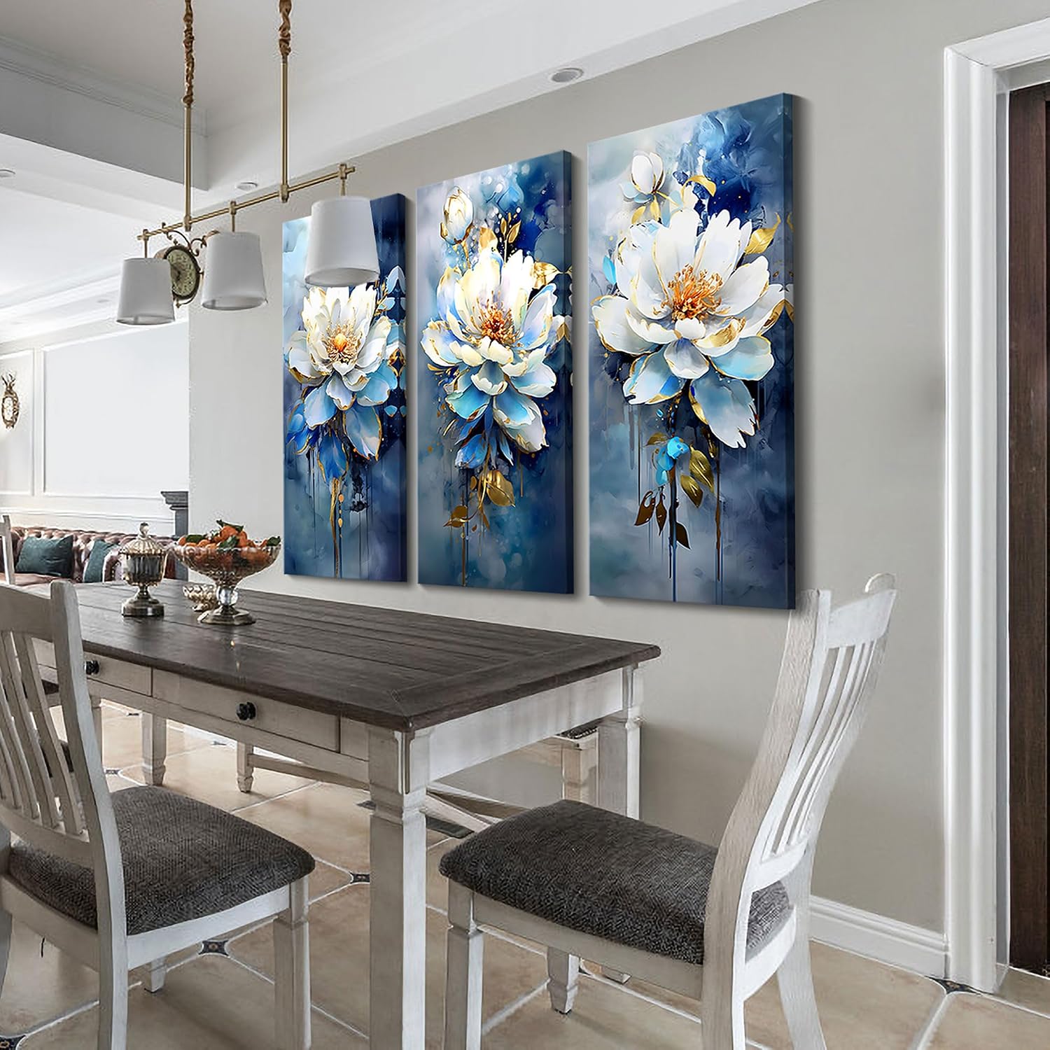 AJAZIKO Large Floral Wall Art - Modern Abstract Flower Canvas - Navy Blue 3 Piece Wall Art - Bedroom Artwork - 24x48in