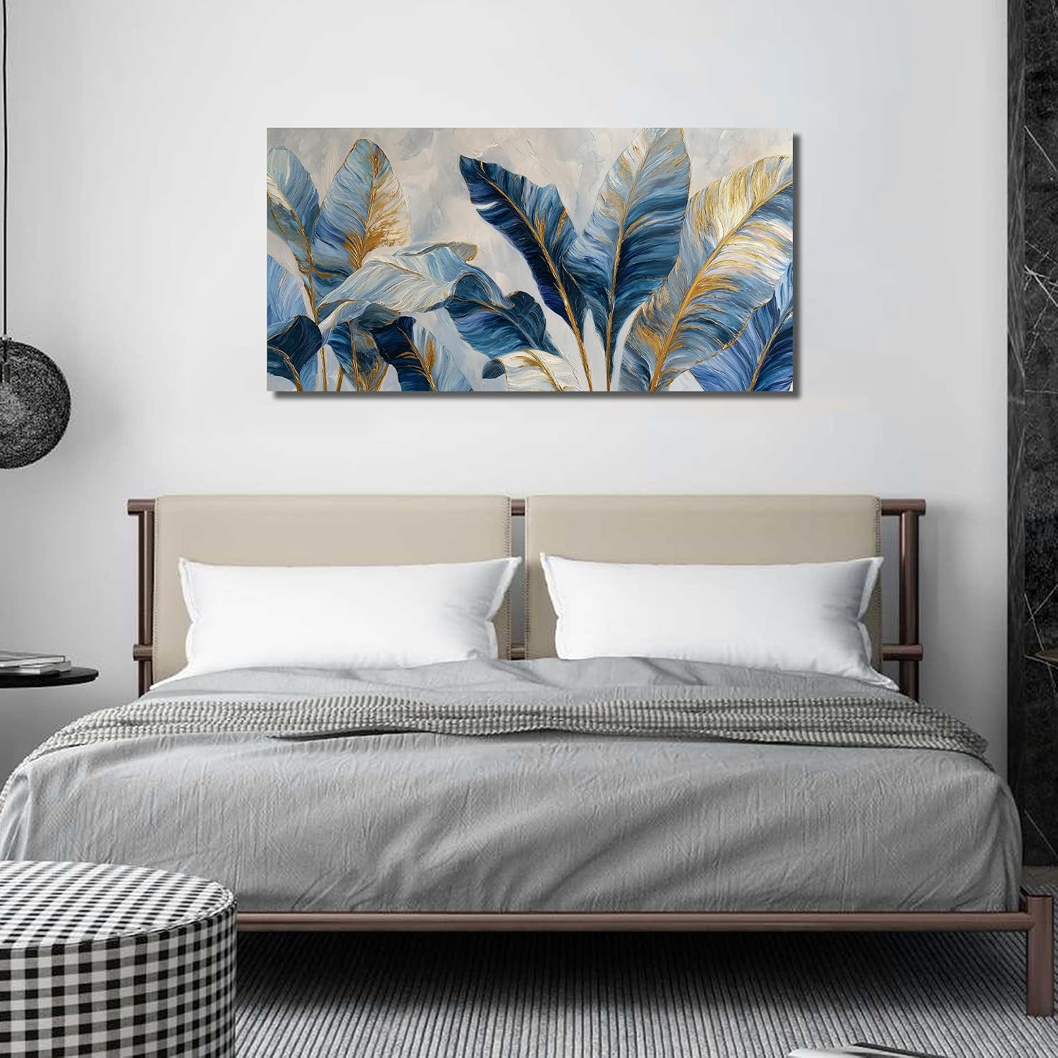 JuhaiArt White Banana Leaf Prints Bedroom Blue Canvas Art Botanical Gold Wall Artwork for Living Room Office 29' x 59'