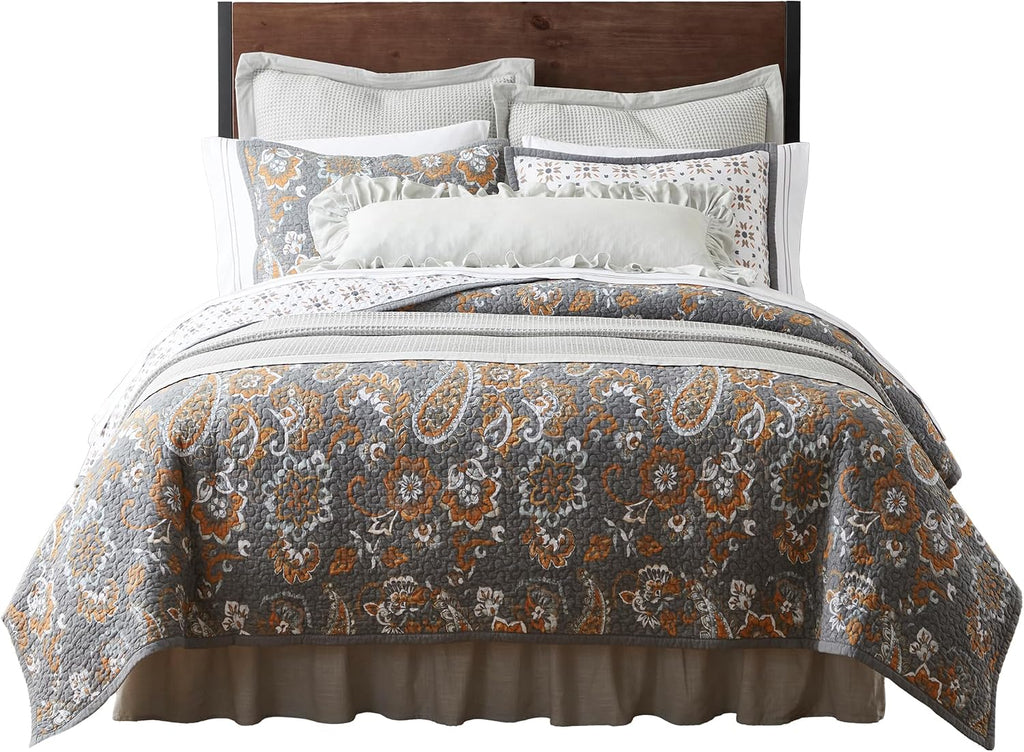 Paseo Road Abbie 3 Piece Quilt Set with Pillow Shams, Gray, King Size, Cotton Reversible Bed Set, Western Floral Farmhouse Style Bedding Set, 1 Quilt and 2 Pillow Cases