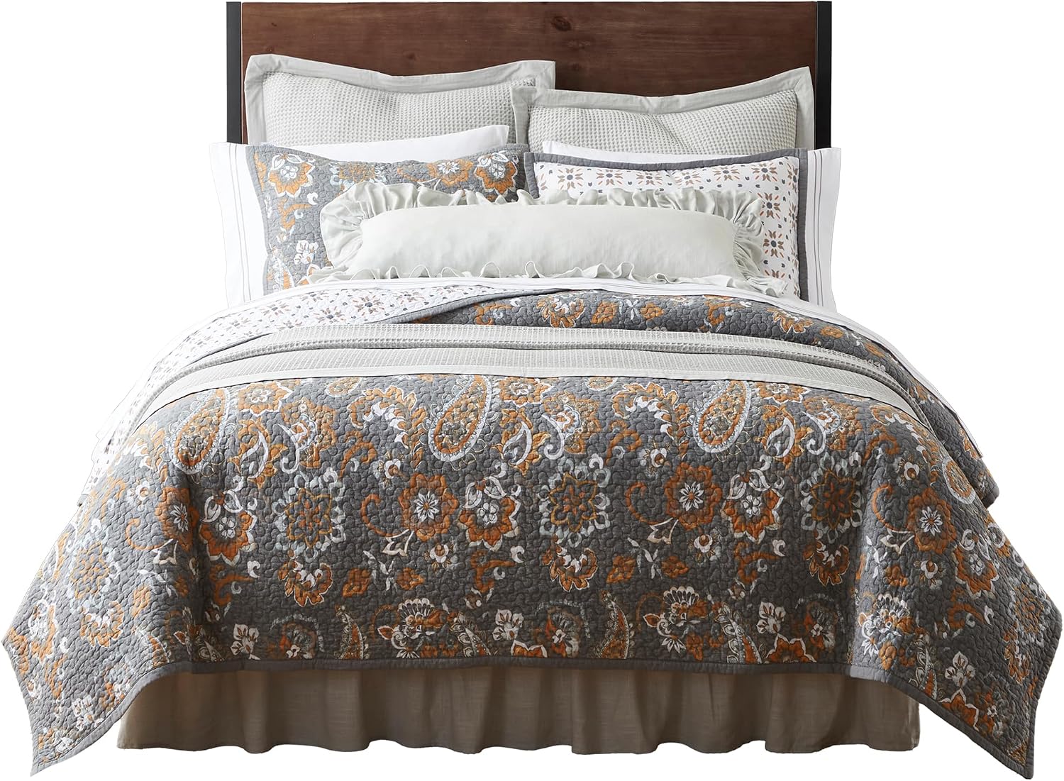 Paseo Road Abbie 3 Piece Quilt Set with Pillow Shams, Gray, King Size, Cotton Reversible Bed Set, Western Floral Farmhouse Style Bedding Set, 1 Quilt and 2 Pillow Cases
