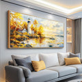 XIGUANGART Extra Large Wall Art for Living Room Modern Framed Coastal Beachy Canvas Wall Art Big Floral Sunrise Yellow Wall Picture Lighthouse Nature Sunset Artwork for Office Bedroom Decor 32x72 In