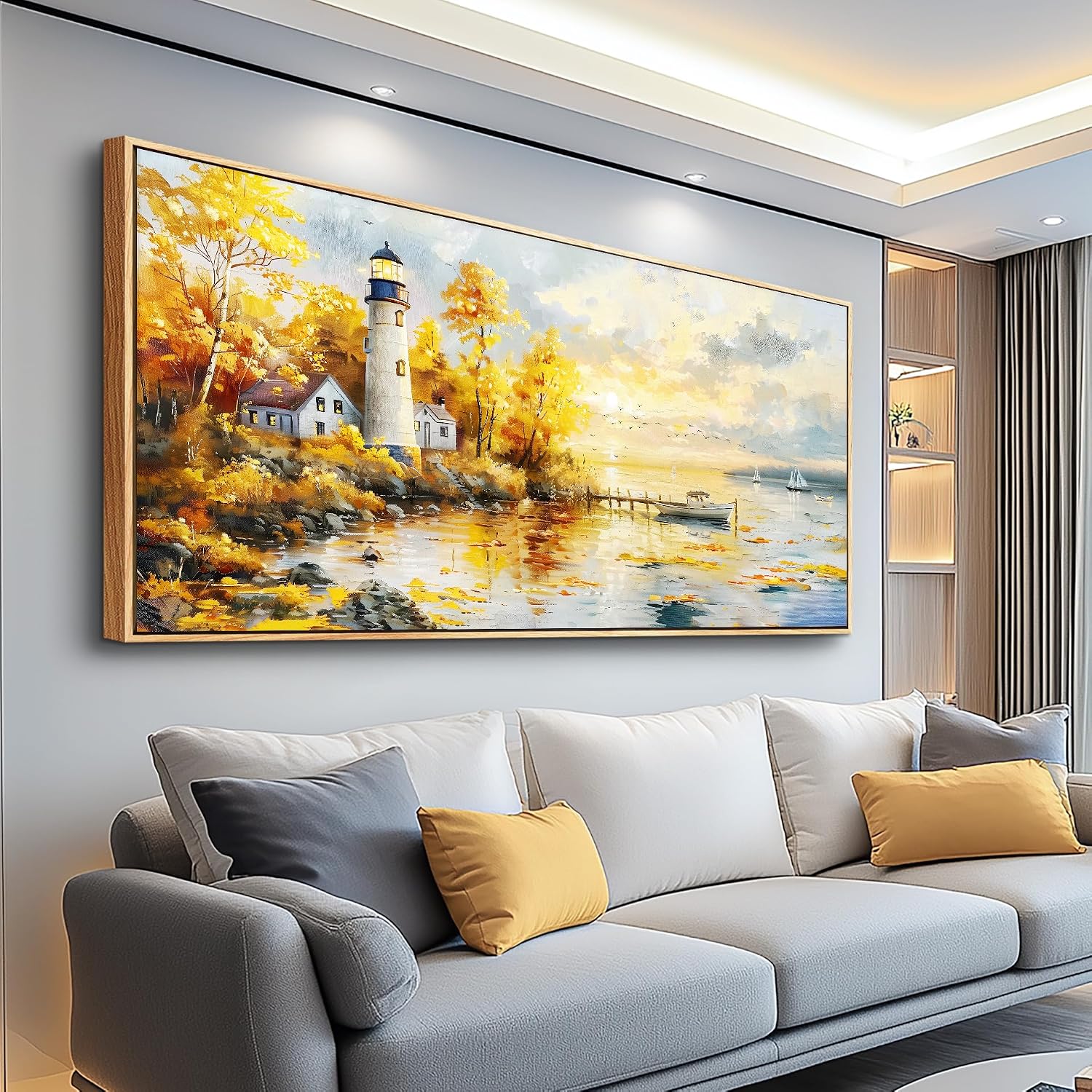 XIGUANGART Extra Large Wall Art for Living Room Modern Framed Coastal Beachy Canvas Wall Art Big Floral Sunrise Yellow Wall Picture Lighthouse Nature Sunset Artwork for Office Bedroom Decor 32x72 In
