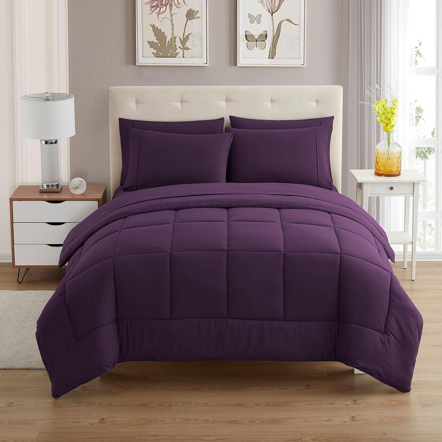Sweet Home Collection 7 Piece Comforter Set Bag Solid Color All Season Soft Down Alternative Blanket & Luxurious Microfiber Bed Sheets, Purple, Twin (Pack of 4)