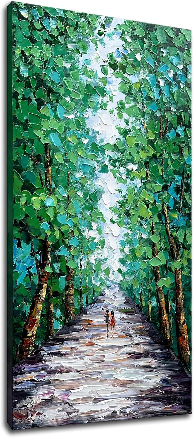 Alenoss Hand Painted Canvas Wall Art, Large Midsummer Forest Landscape Painting, Abstract Oil Painting on Canvas, 24x48 inches, Green, Vertical Wall Art for Living Room, Bedroom
