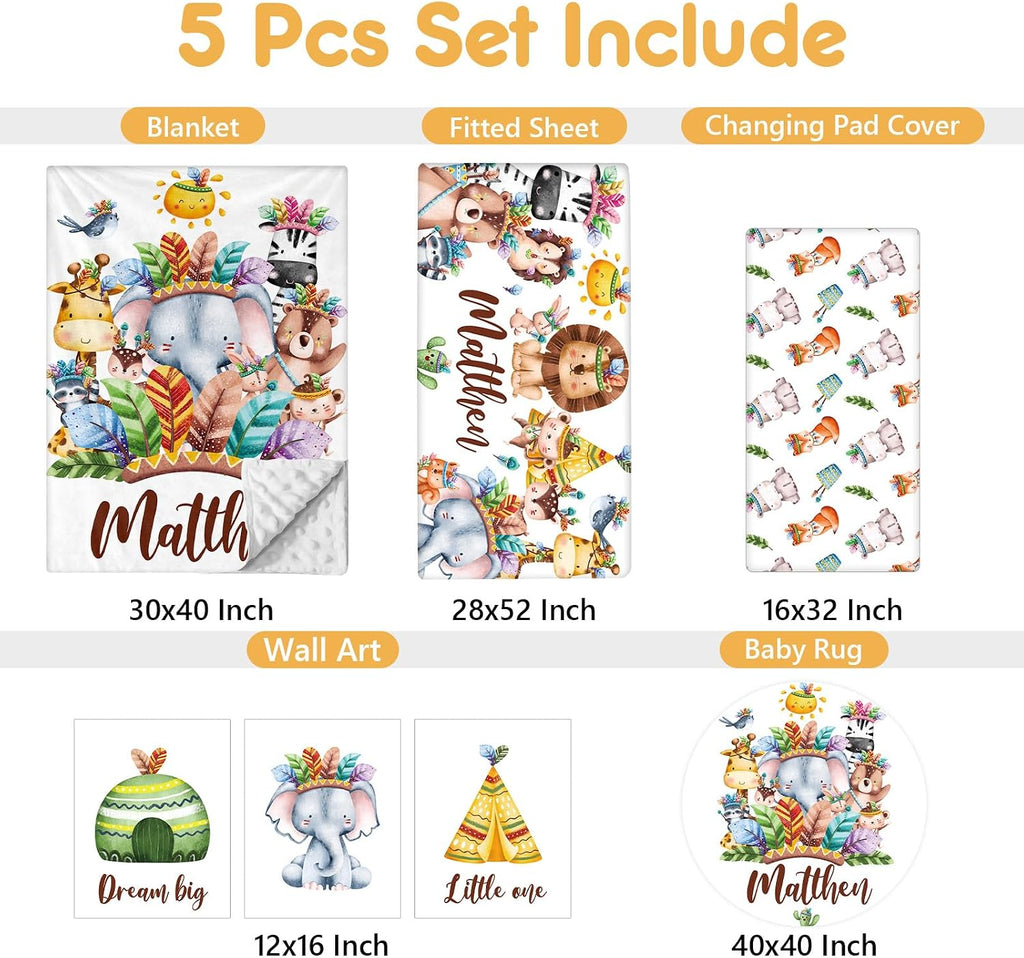 Terwex Custom Crib Bedding Set, 5 Pcs Customized Baby Crib Set with Name, Double Layer Baby Bedding Set for Girls Boys, Personalized for Nursery Infants Toddlers, Cute Animals