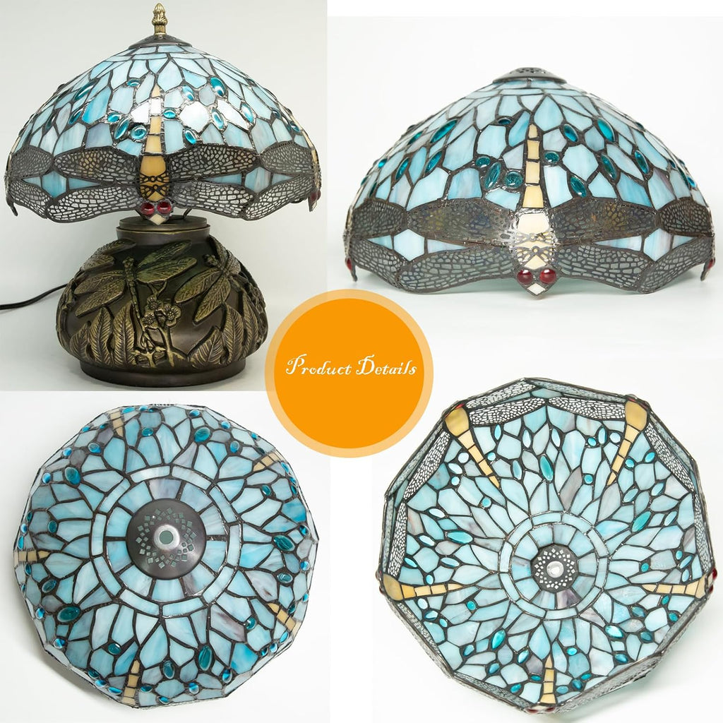 12 Inch Dragonfly Tiffany Lamp with Remote Control, Adjustable Brightness and Color Temperature, E26 Bulb, 9W, Ocean Blue Dragonfly Mushroom Stained Glass Bedside Lamp
