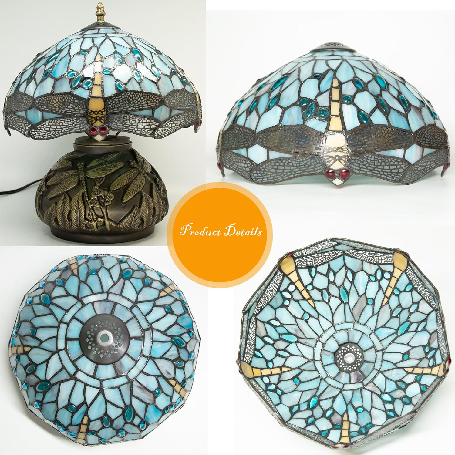 12 Inch Dragonfly Tiffany Lamp with Remote Control, Adjustable Brightness and Color Temperature, E26 Bulb, 9W, Ocean Blue Dragonfly Mushroom Stained Glass Bedside Lamp