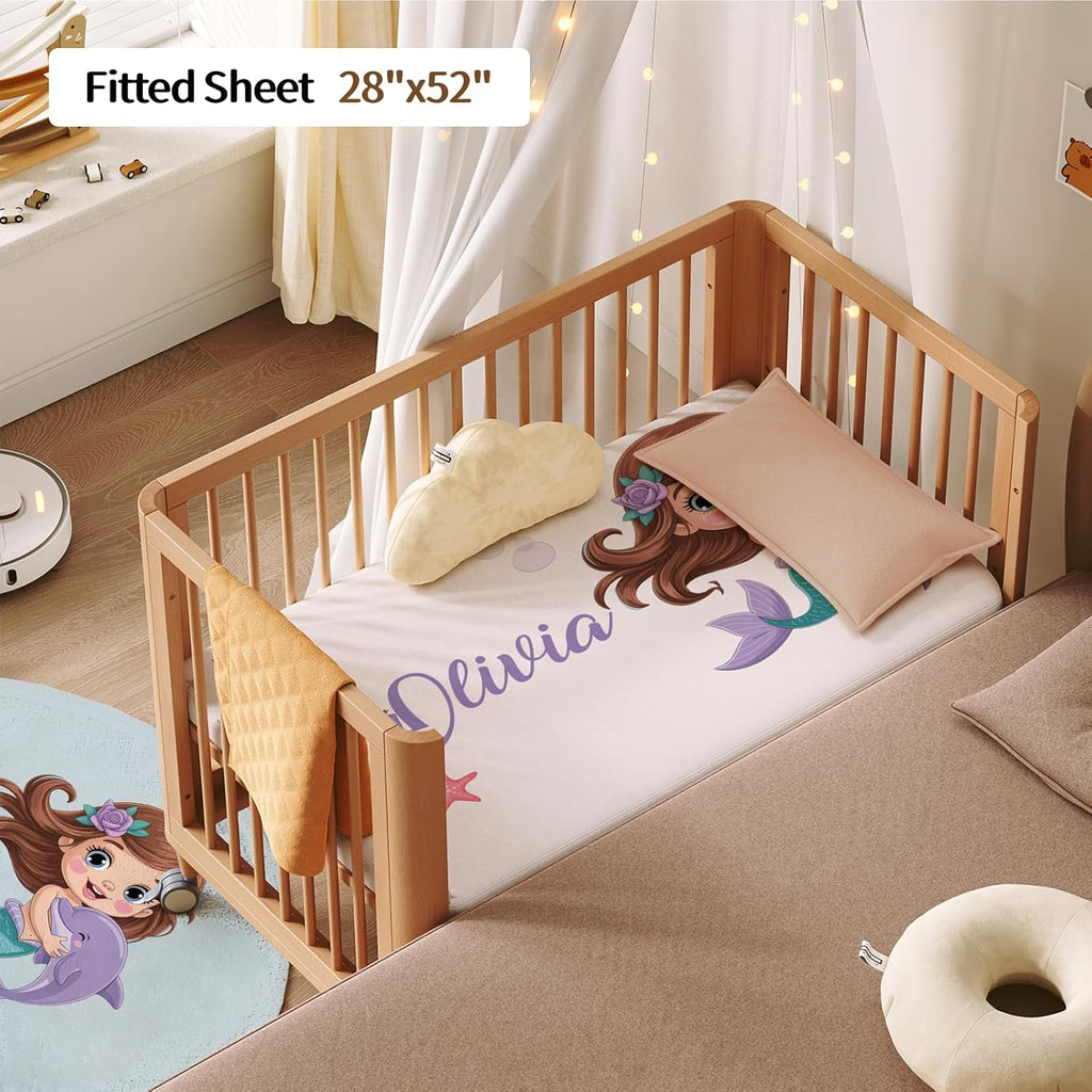 Personalized Baby Crib Bedding Set, Custom Name Nursery Bedding, Mermaid 5 Pcs Baby Bedding Set for Girl Boy, Double Layer Crib Set, Customized Gifts(Fixed Size)