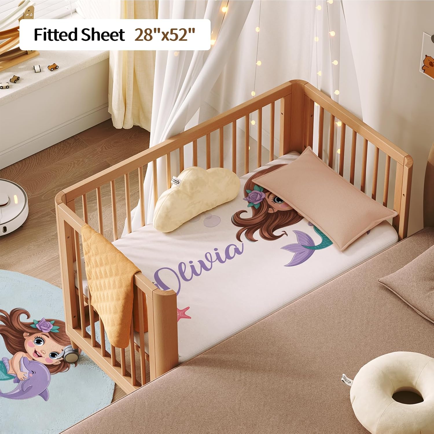 Personalized Baby Crib Bedding Set, Custom Name Nursery Bedding, Mermaid 5 Pcs Baby Bedding Set for Girl Boy, Double Layer Crib Set, Customized Gifts(Fixed Size)