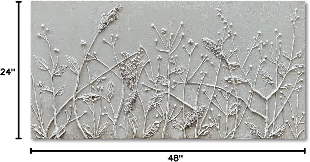 Hand Painted White Abstract Flower Oil Painting Home Wall Decorative Art 24x48 Inches