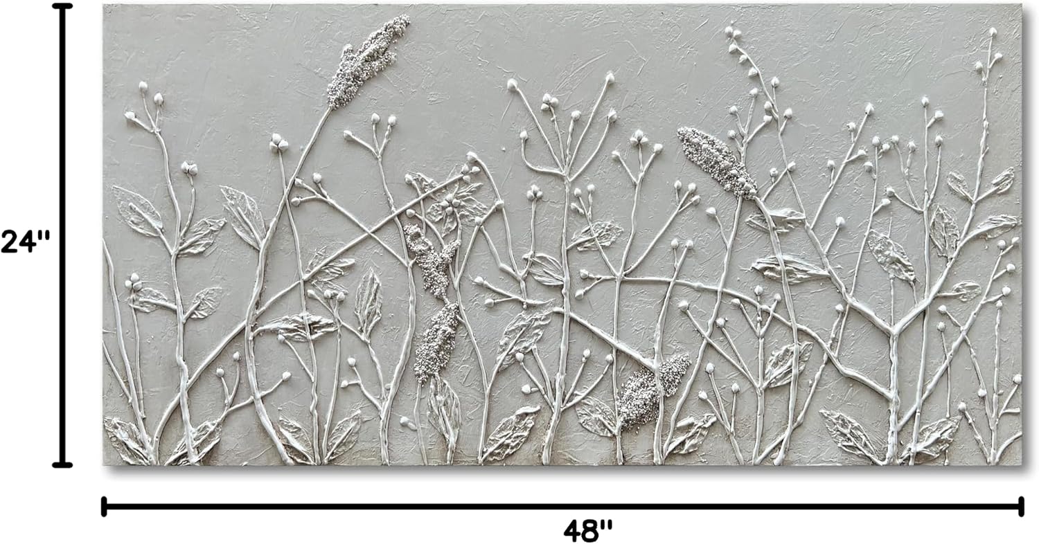 Hand Painted White Abstract Flower Oil Painting Home Wall Decorative Art 24x48 Inches