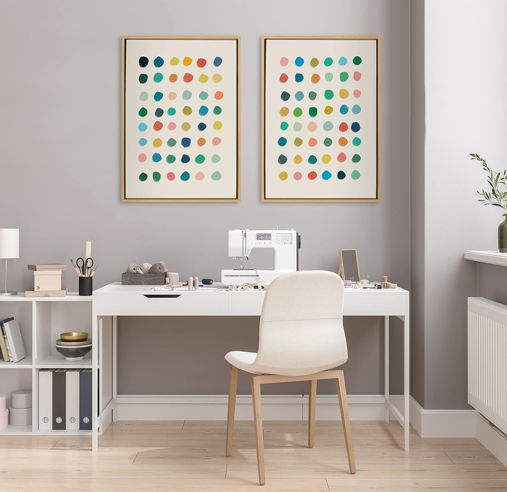 Kate and Laurel Sylvie Meditation 1 and 2 Framed Canvas Wall Art Set by Kelly Knaga; 2 Piece 23x33 Natural; Modern Abstract Colorful Polka Dot Art Set for Wall Home Decor