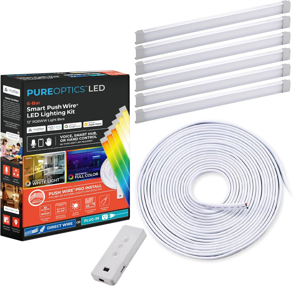PureOptics LED Professional Push Wire® Matter Certified Smart Under Cabinet Lighting Kit, Adjustable White and RGB LEDs, Works with Alexa, Apple Home, Google Home, (6) 12' Bars