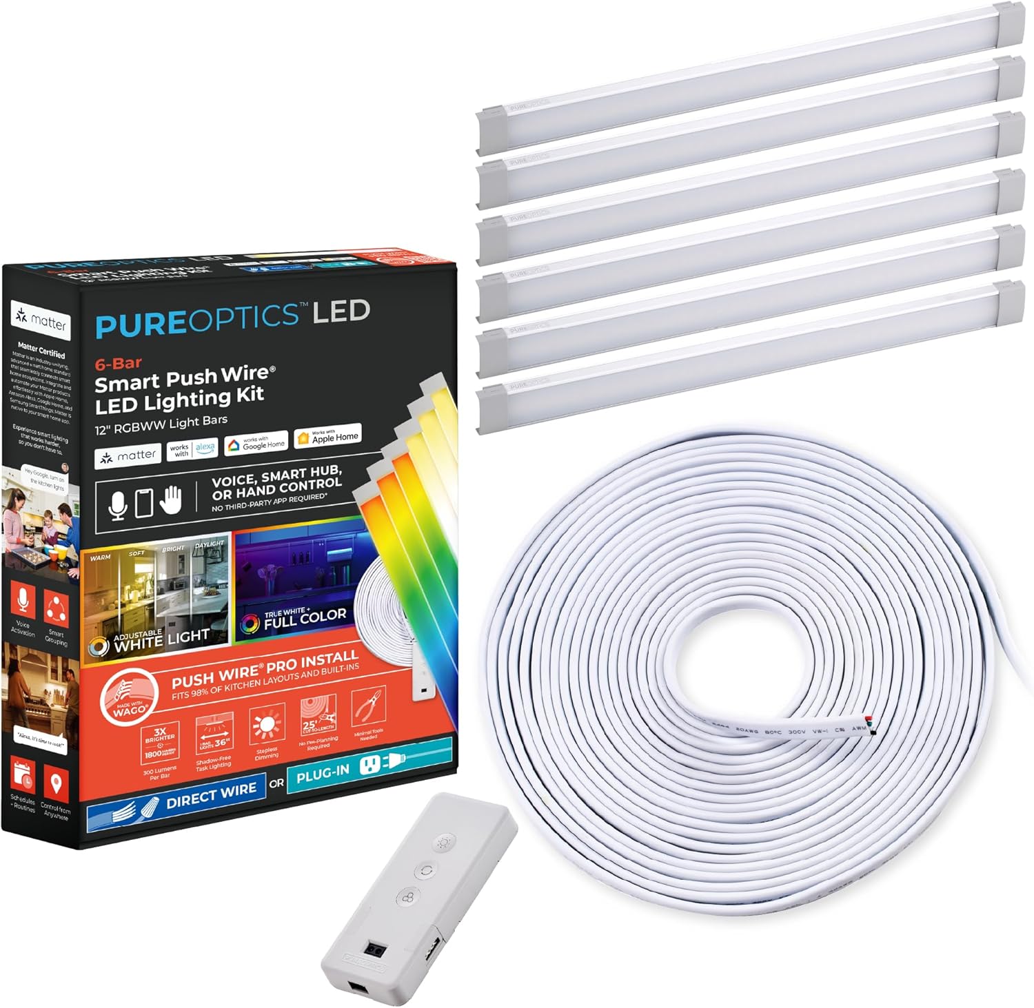 PureOptics LED Professional Push Wire® Matter Certified Smart Under Cabinet Lighting Kit, Adjustable White and RGB LEDs, Works with Alexa, Apple Home, Google Home, (6) 12' Bars